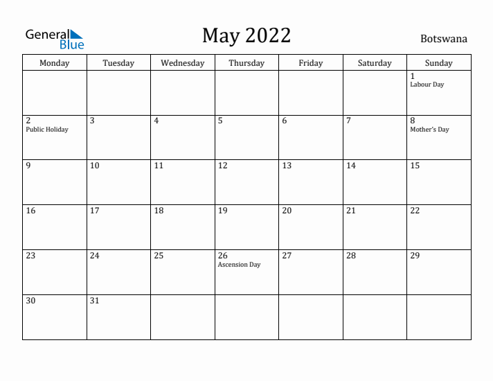 May 2022 Calendar Botswana