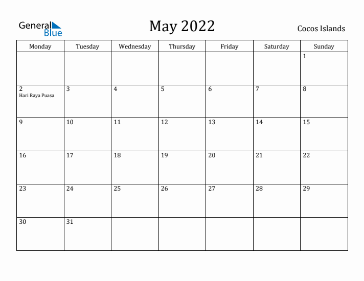 May 2022 Calendar Cocos Islands