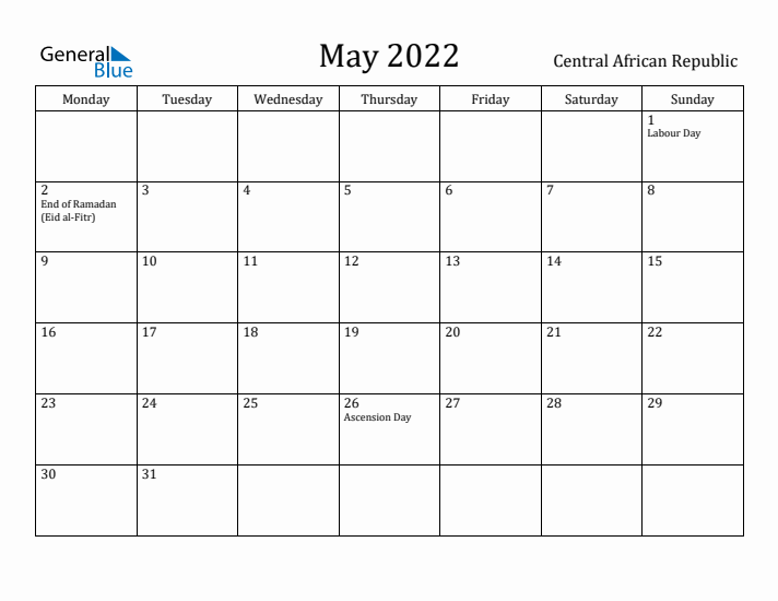 May 2022 Calendar Central African Republic