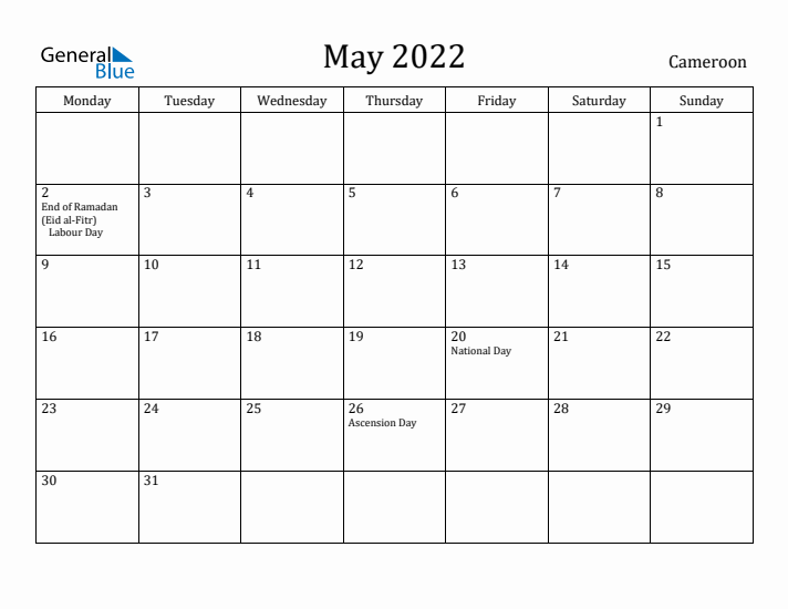 May 2022 Calendar Cameroon
