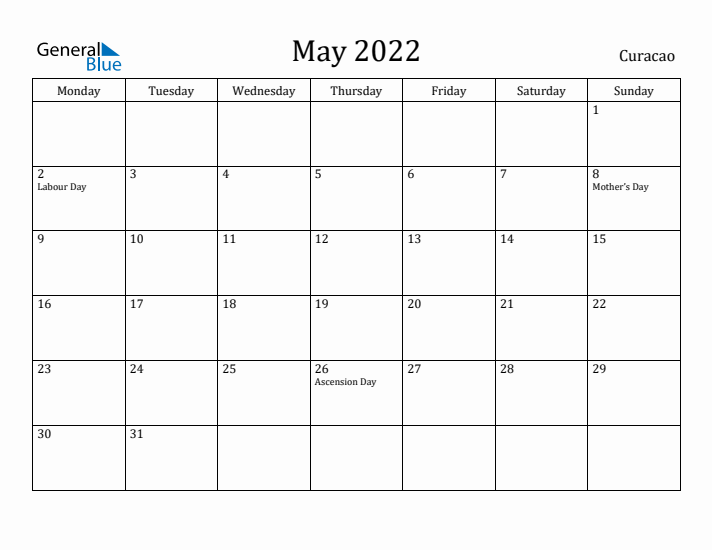 May 2022 Calendar Curacao