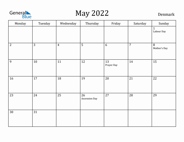 May 2022 Calendar Denmark