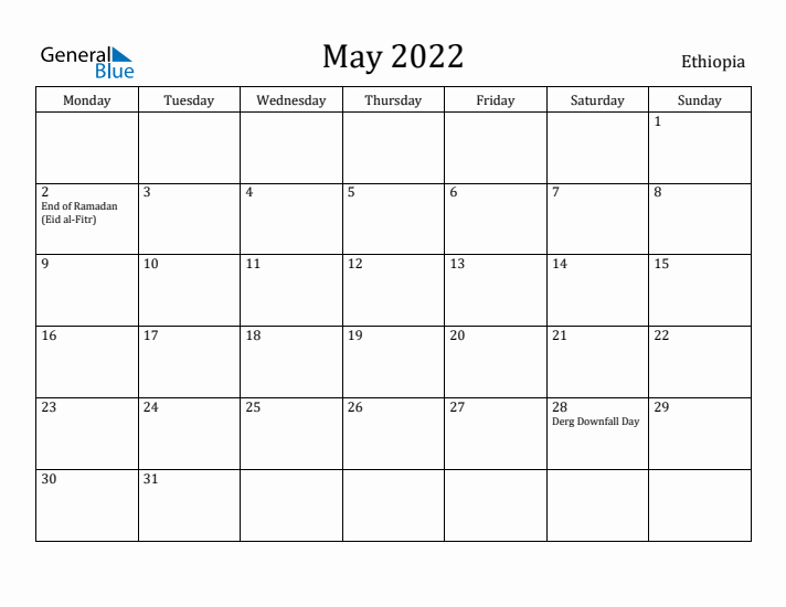 May 2022 Calendar Ethiopia