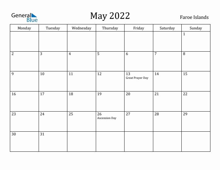 May 2022 Calendar Faroe Islands