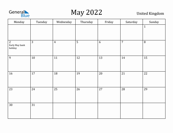 May 2022 United Kingdom Monthly Calendar With Holidays