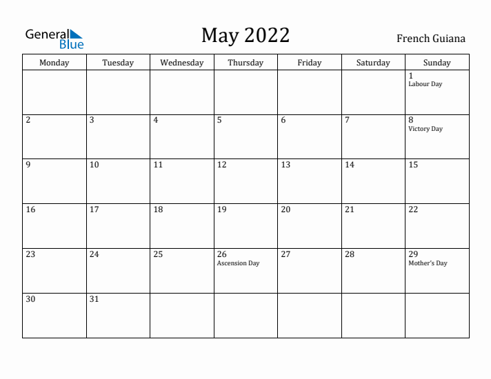 May 2022 Calendar French Guiana
