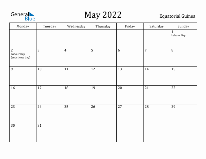 May 2022 Calendar Equatorial Guinea