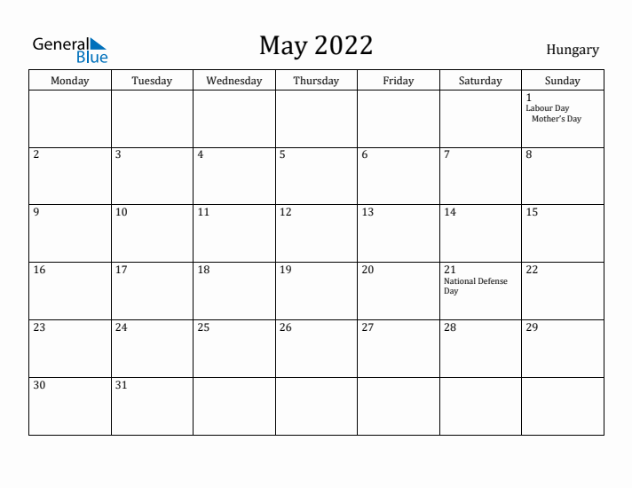 May 2022 Calendar Hungary