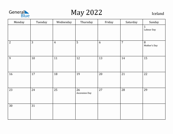 May 2022 Calendar Iceland
