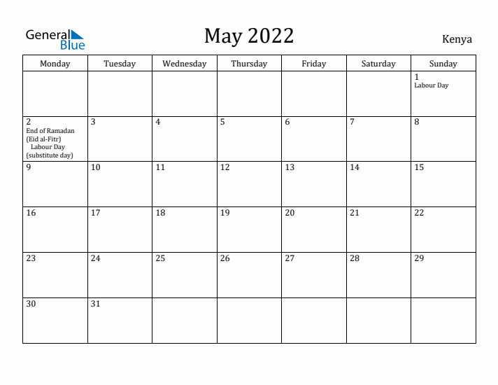May 2022 Calendar Kenya