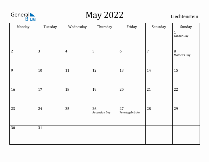 May 2022 Calendar Liechtenstein