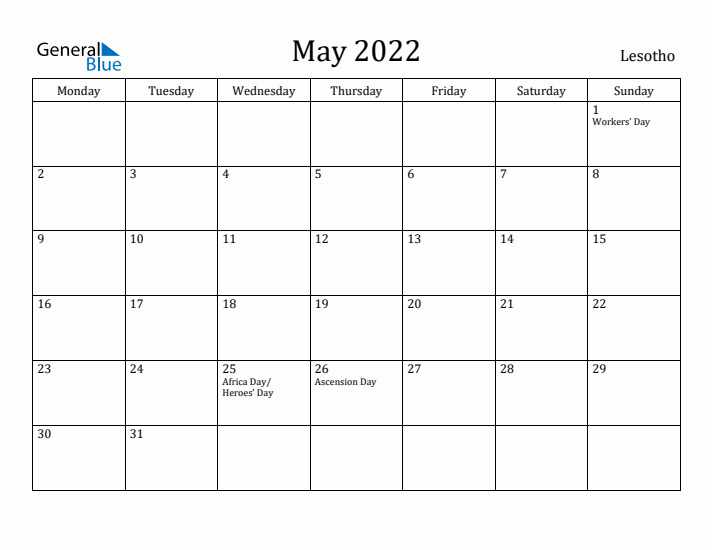 May 2022 Calendar Lesotho
