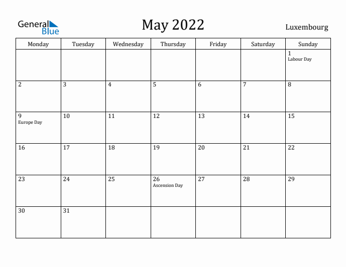May 2022 Calendar Luxembourg