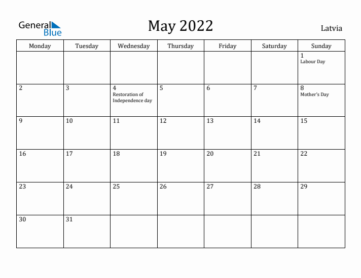 May 2022 Calendar Latvia