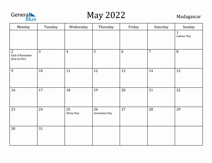 May 2022 Calendar Madagascar