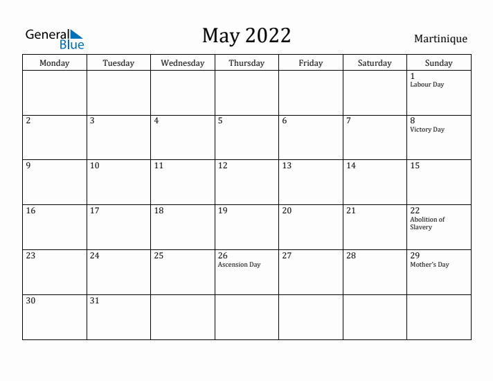 May 2022 Calendar Martinique