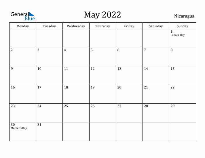 May 2022 Calendar Nicaragua