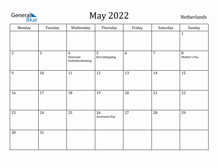 May 2022 Calendar The Netherlands