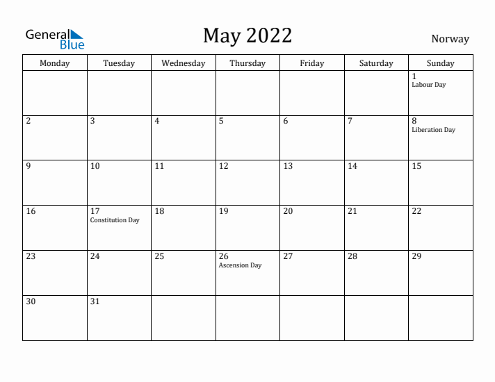 May 2022 Calendar Norway