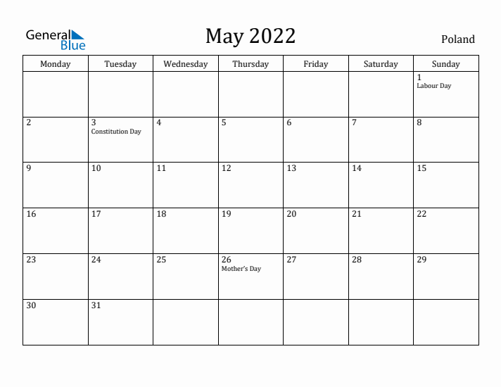May 2022 Calendar Poland