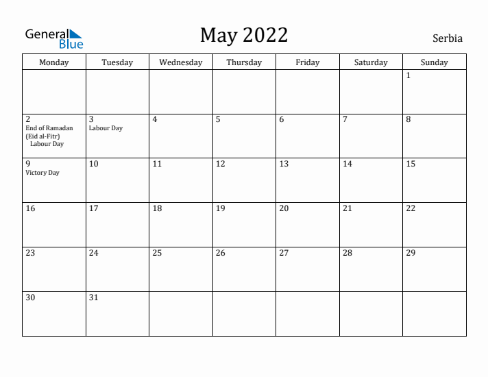 May 2022 Calendar Serbia
