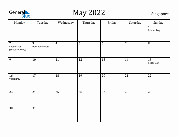 May 2022 Calendar Singapore