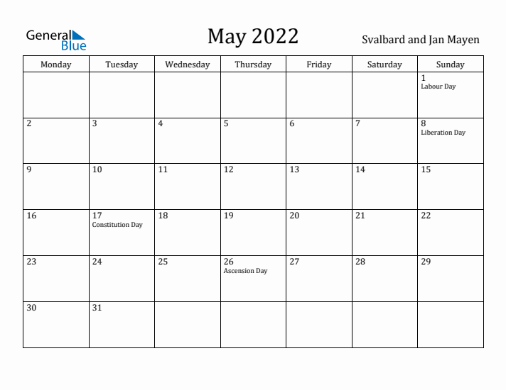 May 2022 Calendar Svalbard and Jan Mayen
