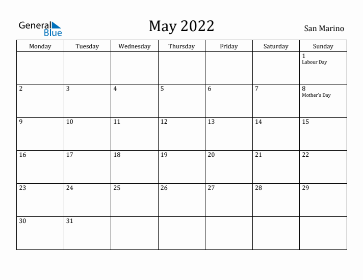 May 2022 Calendar San Marino