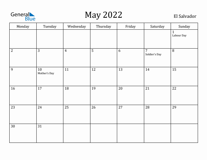 May 2022 Calendar El Salvador