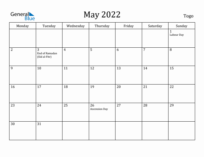 May 2022 Calendar Togo