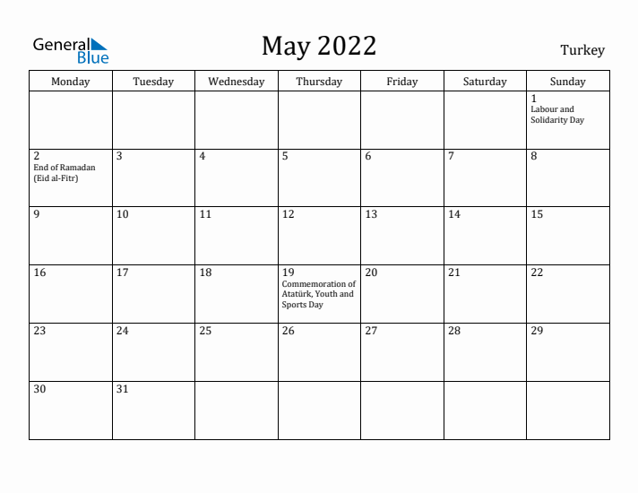 May 2022 Calendar Turkey