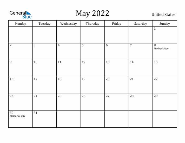 May 2022 Calendar United States