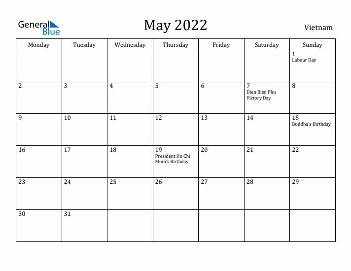 May 2022 Calendar Vietnam