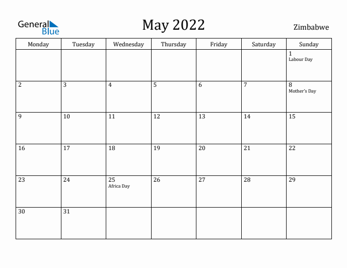 May 2022 Calendar Zimbabwe