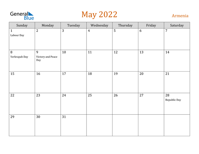 Armenia May 2022 Calendar with Holidays