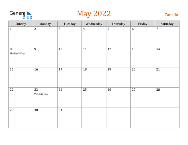 May 2022 Monthly Calendar Canada May 2022 Calendar With Holidays
