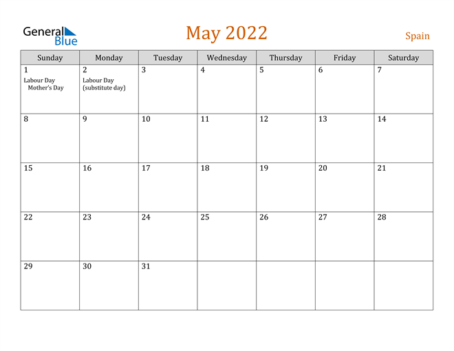 Spain May 2022 Calendar With Holidays