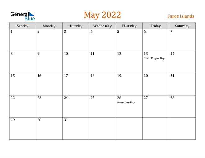 Faroe Islands May 2022 Calendar with Holidays