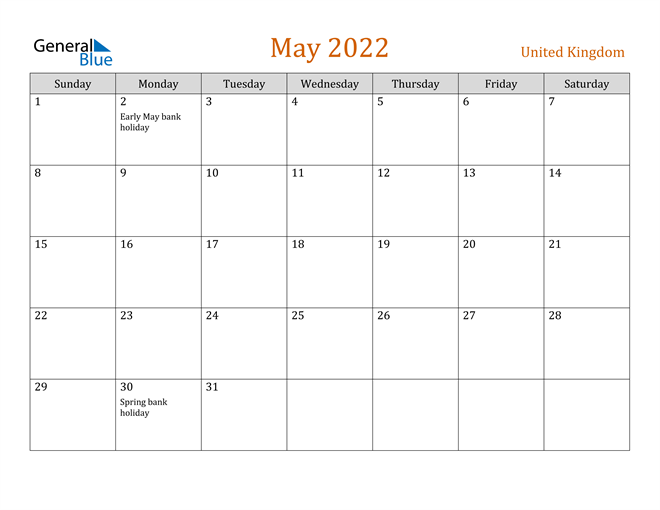 United Kingdom May 2022 Calendar With Holidays