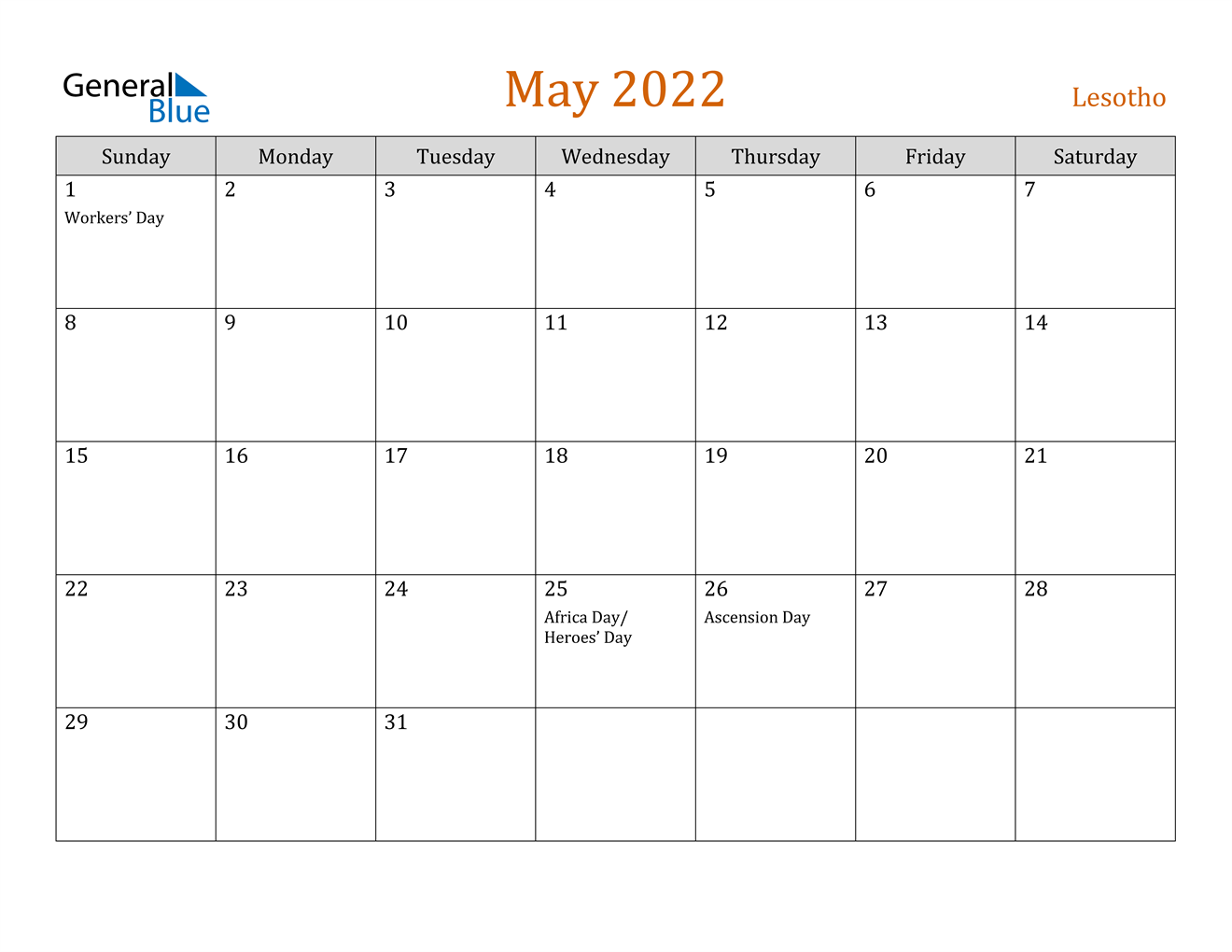 may 2022 calendar lesotho