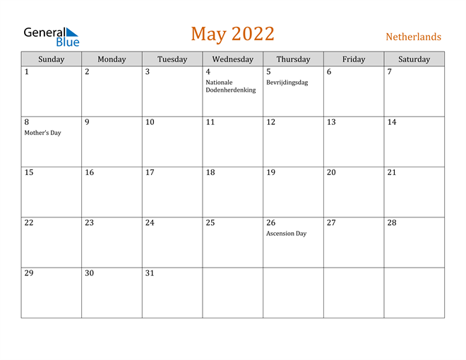 netherlands may 2022 calendar with holidays