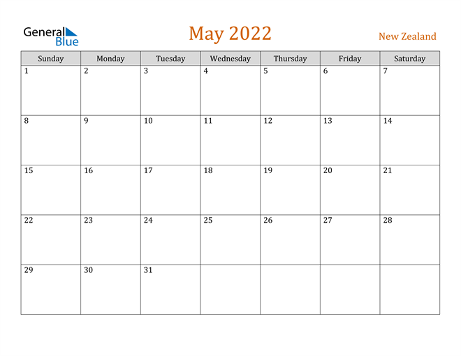 New Zealand May 2022 Calendar With Holidays