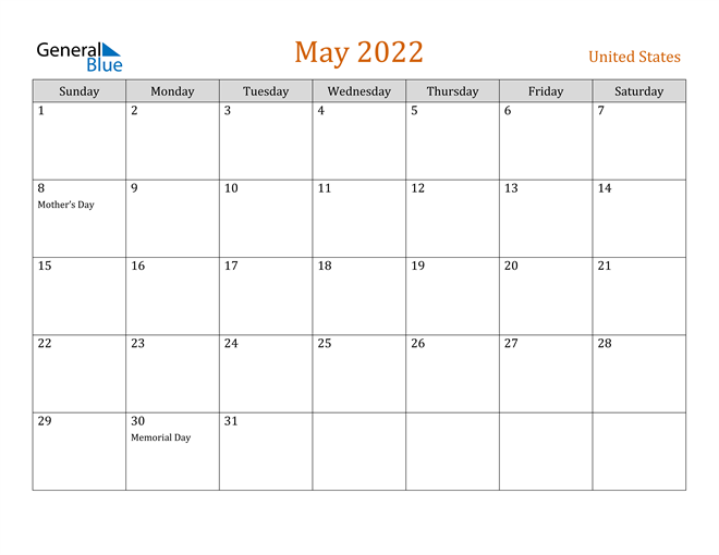 Memorial Day 2022 Calendar United States May 2022 Calendar With Holidays