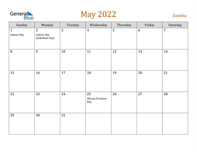 zambia may 2022 calendar with holidays