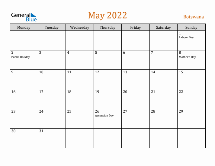 May 2022 Holiday Calendar with Monday Start