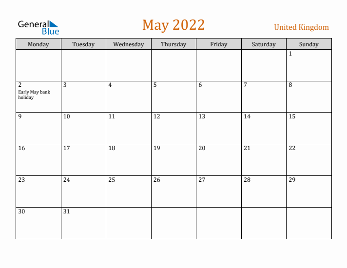 May 2022 Holiday Calendar with Monday Start