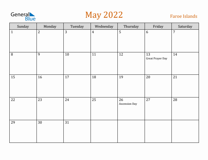 May 2022 Holiday Calendar with Sunday Start