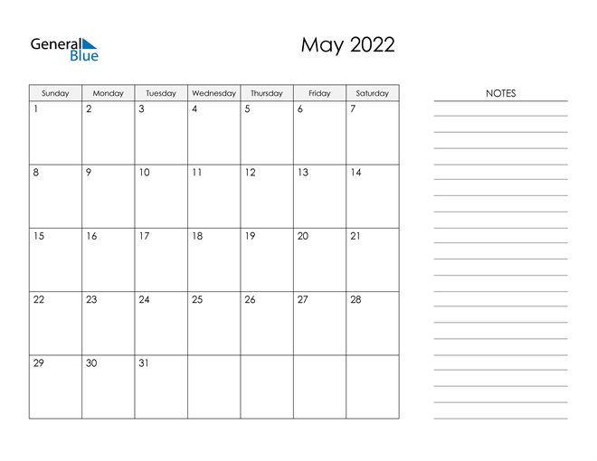 Printable Calendar 2022 With Notes May 2022 Calendar (Pdf Word Excel)