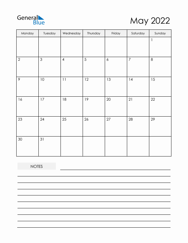 Printable Calendar with Notes - May 2022 