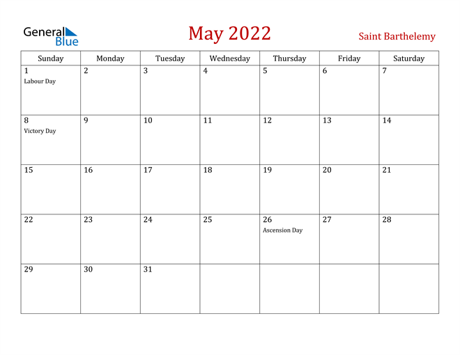 Saint Barthelemy May 2022 Calendar
